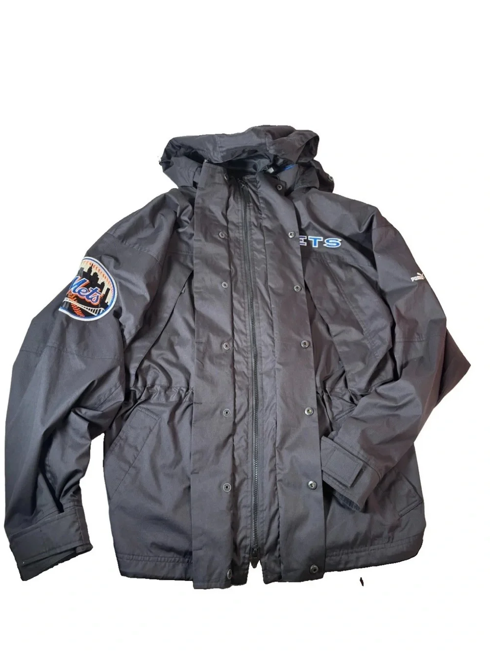 VTG 90s Y2K Puma New York Mets MLB Windbreaker Jacket Black Hooded Mens XL